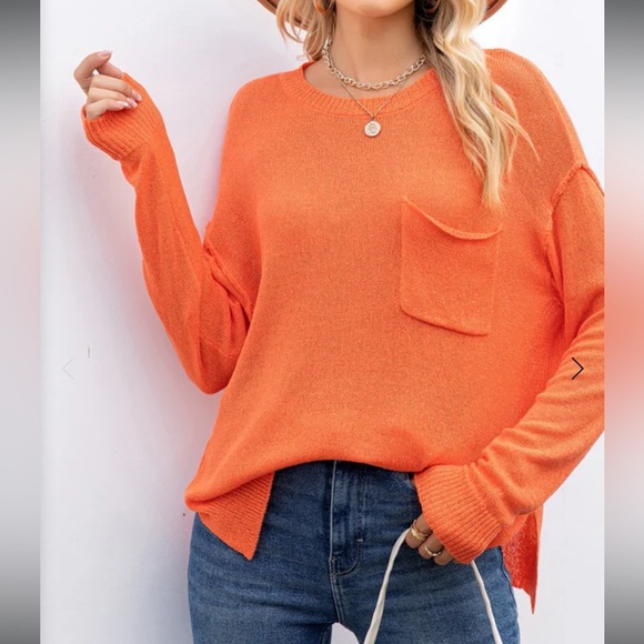 Vibrant Coral Orange Knit Crewneck Sweater w/ Drop Shoulder Chest Pocket… - Picture 13 of 14